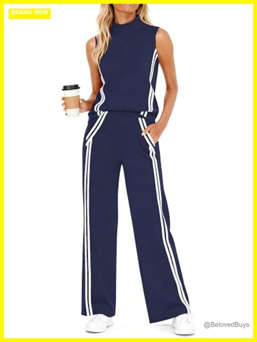 Womens 2 Piece Lounge Set Striped Sweatsuit Mock Neck Tank Top Wide Leg Pants